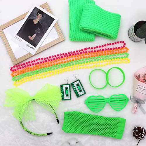 80s Fancy Dress for Women 1980s Party Green Costume Accessories Set Tutu Skirt Leg Warmers Fishnet Gloves Glasses Earrings Bracelet Necklace Headband - Image 4