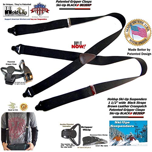 American made Holdup Black Ski-Ups X-back Suspenders with Patented black Gripper Clasps - Thumbnail 4