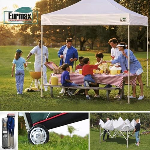 Image of Eurmax USA 8x8 Pop Up Canopy Tent,Commercial Tent with Patented No-Tip Rolling Bag,4 Zippered Removable Walls,UV & Water Resistant Canopy Top,Heavy Duty Outdoor Gazebo,Instant Shelter(Logo Red)