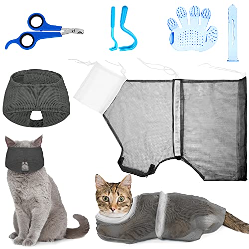 Patelai 5 Pcs Cat Bathing Bag Set Cat Grooming Bag Adjustable Pet Shower Net Muzzles Nail Clipper Tick Remover Tool Massage Brush(Grey-White)