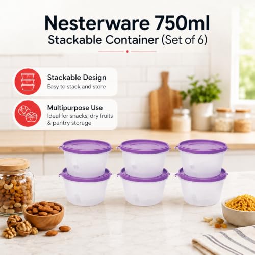 Image of Cutting EDGE Nesterware 750ml Stackable Food Container (Set of 6, Purple) | BPA-free plastic, stackable design, leak-proof, kitchen storage, pantry, fridge, meal prep, reusable, travel use