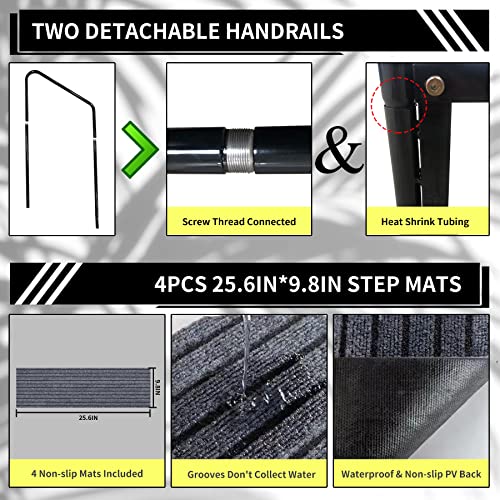 Updated RV Steps with handrail, Mobile Home Stairs Steps Outdoor, Hot tub Steps with handrail. Portable Stairs for 5th Wheel rv, Travel Trailer, Motor Home, Camper and Porch with Non-Skid mats.