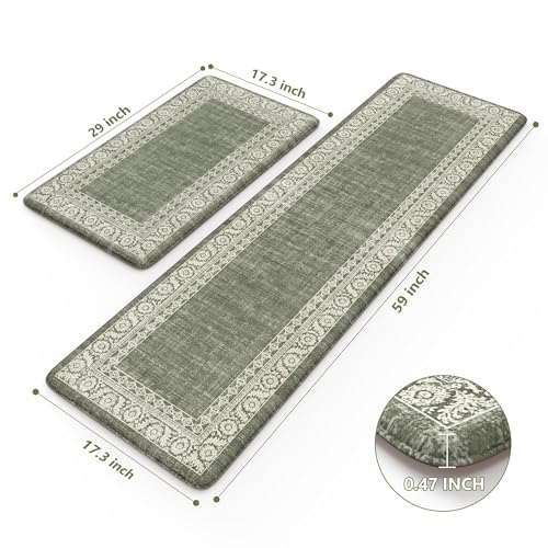 LEEVAN Kitchen Mats Cushioned Anti Fatigue,Grey Green Memory Foam Kitchen Mats for Floor Sets of 2,Boho Non Slip Waterproof Kitchen Mat for Laundry,Home,Office,Desk,Sink(17.3