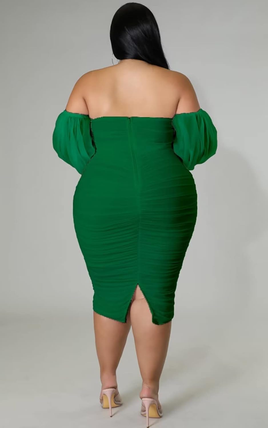 Women's Plus Size Off The Shoulder Mesh Long Sleeve Bodycon Ruched Midi Party Cocktail Dress - Image 3