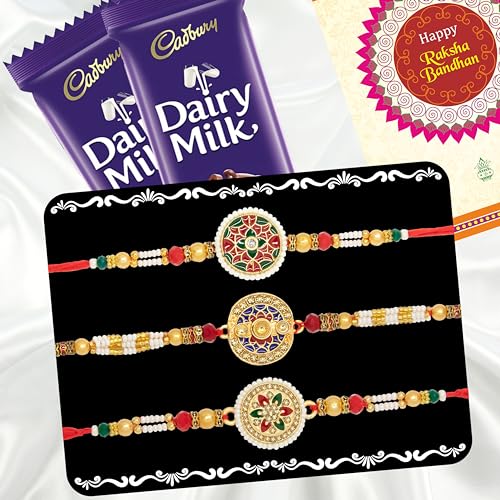 Image of Canton Rakhii With Chocolate Gift Combo, Pack of 3 Designer Rakhi For Brother With Chocolate Gift, Roli & Greeting Card (Design-16, Rakhi With Cadbury)