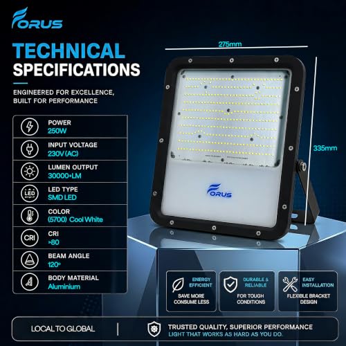 Image of Forus 250W LED Flood Light - 4 Yr Warranty, IP67 Waterproof Outdoor LED Lights, High Mast Light, Halogen Floodlight for Factory, Garage, Parking, Field, Garden, Shop, Warehouse, Tent, Cool White - 1Pc