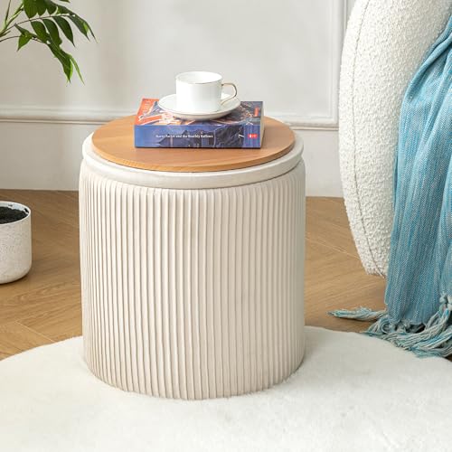 infurnic Ottoman with Storage Set of 2, Velvet Round Storage Ottoman, Upholstered Sponge Vanity Stool Support 300lbs, Multifunctional Coffee Table Foot Rest Ottoman for Living Room Bedroom, Beige