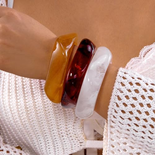 RINHOO 3pcs Acrylic Bangle Colorful Square Resin Bracelet Irregular Punk Geometric Statement Jewelry for Women (Style-A) - image 3