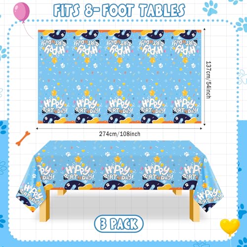 Image of Oudain 3 Pack Blue Dog Party Tablecloth Dog Them Birthday Decor 108'' x 54'' Blue Yellow Plastic Table Cloth Puppy Paw Prints Bone Disposable Rectangle Table Cover for Baby Shower Party Supplies