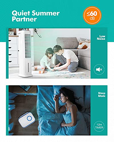 Evaporative Air Cooler, Portable Tower Fan and Humidifier, 1.3 Gal Water Tank, 3 Wind Speeds & 3 Modes, 50° Oscillation, 12H Timer, Remote Control, Sunday Living Quiet Swamp Cooler, 2 Ice Packs