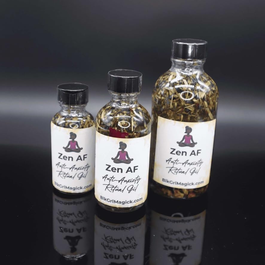 BlkGrlMagick Zen Master Ritual Oil, Sage Lavender Scent, Handcrafted Raw Crystals, Homegrown Herbs, Organic Sweet Almond Oil, Hoodoo Glass Dropper Bottle, for Peace Prayer Meditation (1oz, Dropper)