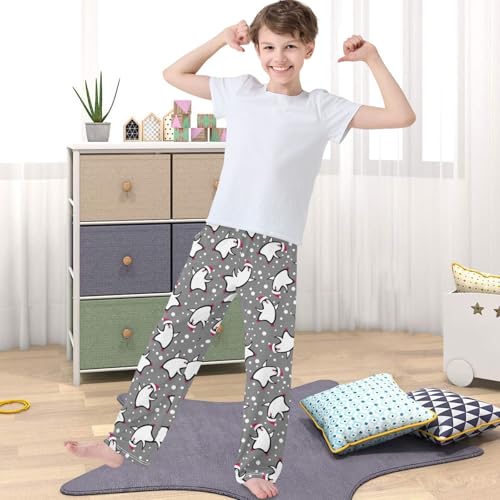 Boy's Lounge Pants Christmas Dancing Penguin Gray Kids Jogger Pants Elastic Waist Long Bottoms with Pockets 6-14 Y4