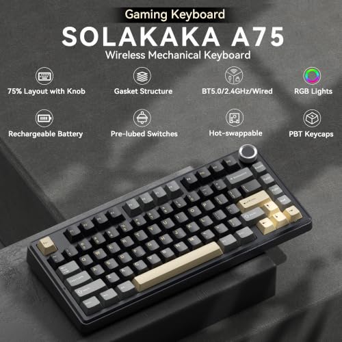 Image of SOLAKAKA A75 75% Wireless Gaming Keyboard with Multifunction Knob, Black