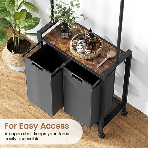 Laundry Sorter 2 Section Laundry Hamper Sorter with Clothes Hanging Rod and Wooden Storage Shelf 2 X 13gal Laundry Basket Organizer for Laundry Room Organization Storage Baskets, Black