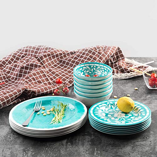 Teal Dinnerware Set - Melamine 12 Piece Dinner Dishes Set for Camping Use, Lightweight