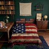 Castle Fairy American Flag Quilt Set King Size, Brown Wooden Board Country Retro Farmhouse Natural Style Comforter Set for Girls Teens Bedroom Present, Microfiber Bedding Set with 2 Pillowcases