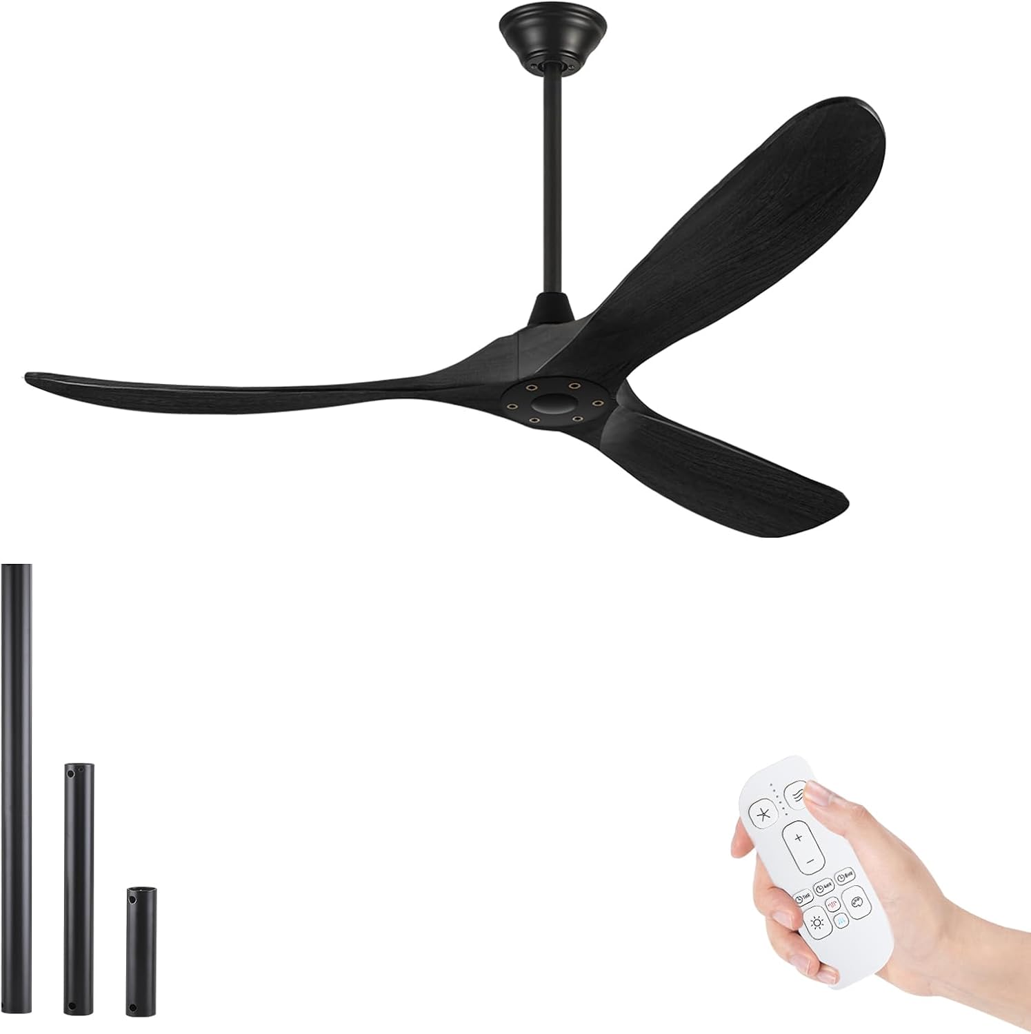 70 Inch Wood Ceiling Fan No Light, Modern Black Ceiling Fan With Remote, 6 Speeds, 3 Blade Indoor/Outdoor Low Profile Ceiling Fans with 3 Downrods for Patios Farmhouse Living Room Kitchen