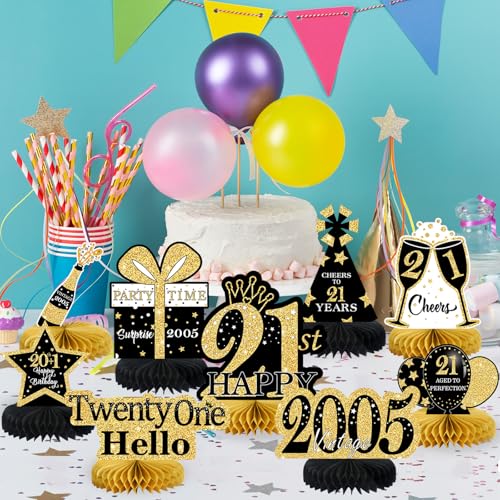 Image of 9Pcs Black Gold 21st Birthday Decorations Honeycomb Centerpieces for Girls,Happy 21st Birthday Centerpieces Tables Toppers Party Decorations Supplies,Vintage 2005 Aged Table Sign Decor