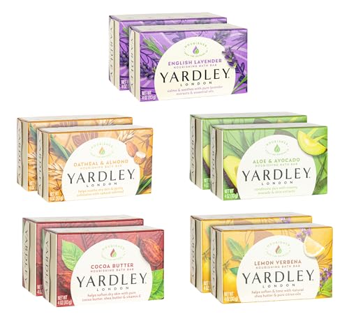 Yardley London Soap Bath Bar Bundle - 10 Bars: English Lavender, Oatmeal and Almond, Aloe and Avocado, Cocoa Butter, Lemon Verbena 4 Ounce Bars (Pack of 10, Two of each)