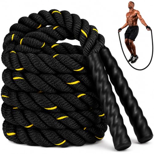 Image of Leosportz Weighted Jump Rope for Boxing - Heavy Skipping Rope for Pro Athelets | 25 mm Thick Battle Jump Rope for Men Women Adults Boxing Pro Training Workout (Black-yellow)