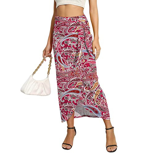 Witsmile Women’s Elegant High-Rise Boho Knit Wrap Skirt Long Maxi Draped Skirt With Slit For Women Fall Fashion 2023 (Fp Paisley Red,Xl) #TOP13