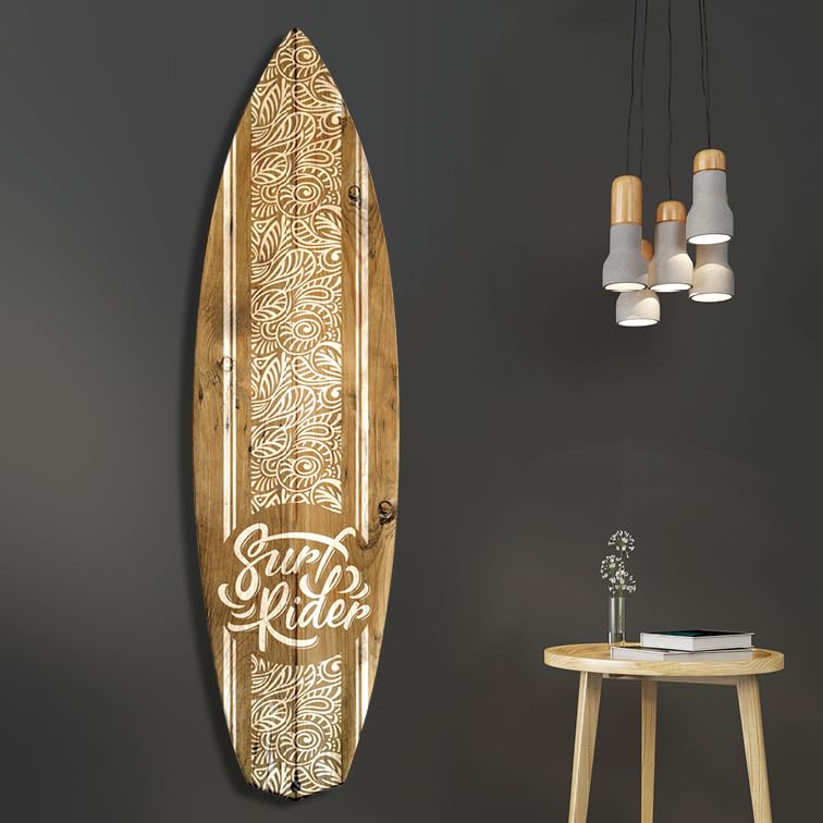 Vertikale Décoration Murale Planche de Surf Effet Bois Motif Polynésien Blanc Surf Rider 150 x 40 cm - Format Vertical