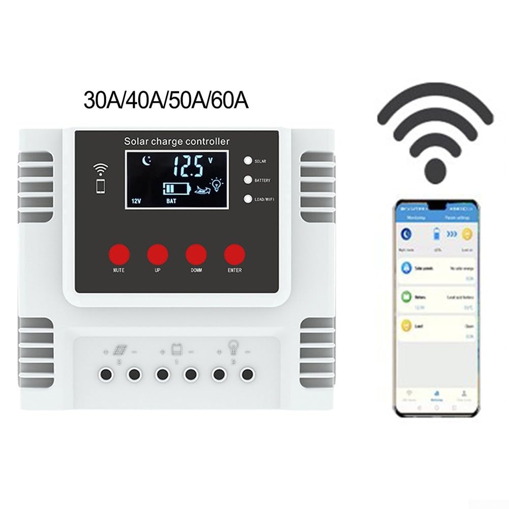 Controlador de carga solar 30A/40A/50A/60A para pwm, con pantalla LCD, control de aplicación de doble puerto USB, para LiFePO4 ácido de litio Home Garden (30 A)