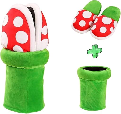 Mario Plant, pantuflas de felpa para el hogar, pantuflas de Mario con forma de flor caníbal, zapatos de cosplay, mocasines con patrón de puntos y soporte para macetas | Ya disponible en tu tienda friki favorita! En mundofriki.es!