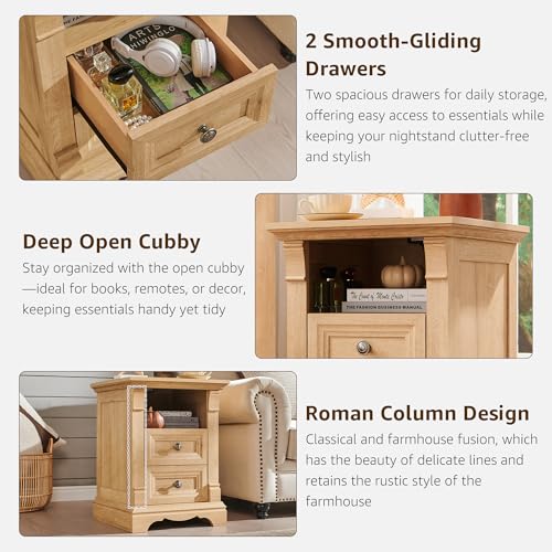 Image of Nightstand Set of 2, 18 inchSide Table with Charging Station, w /Roman Column