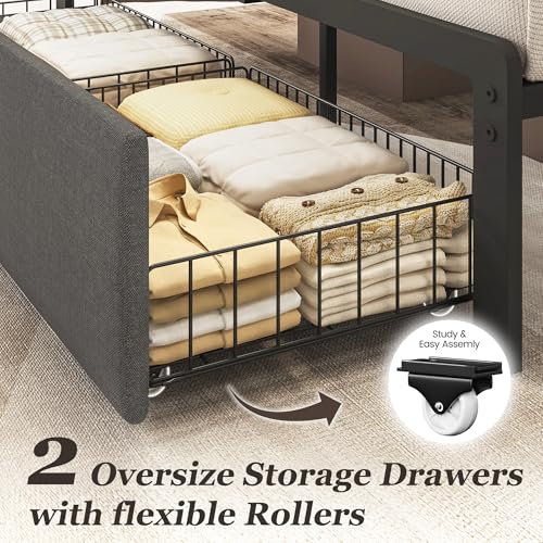 Image of Fluest Queen Bed Frame with 2 Storage Drawers, Upholstered Headboard Button Tufted Bed Frame with Charging Station, No Box Spring Needed, Noise-Free, All Metal Structure, Grey