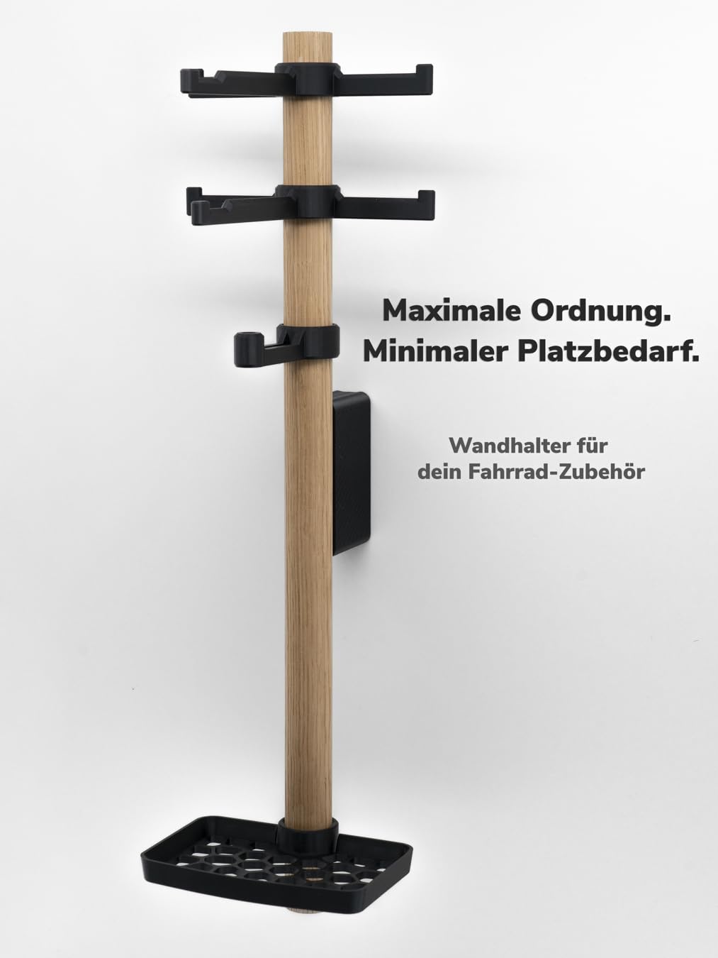 Fahrradhelm Wand Halter aus Eiche - Wandhalterung mit modernem Design für 1 Helm 2 Brillen und eine Zubehör Ablage