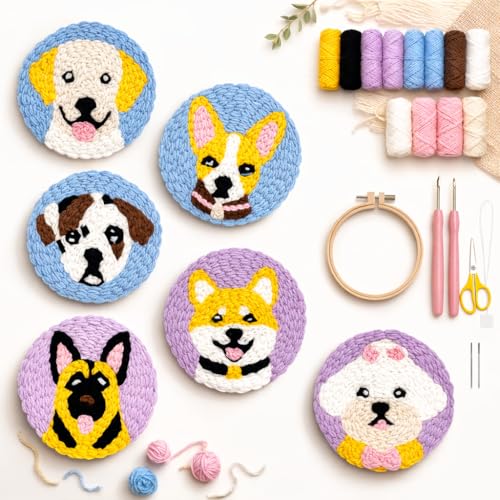 Image of Punch Needle Coaster Kit for Adults Beginners, Easy Punch Embroidery Starter Set with Instructions - Fun Mug Rug Making Kit for Table Decor & Festival DIY Gifts (6pcs Cute Dogs)