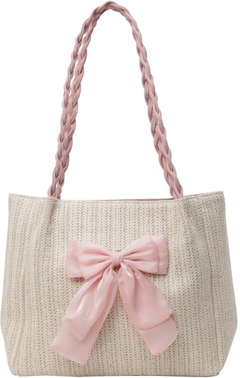 Woven Tote Bag for Women Coquette Straw Purse Trendy Beach Woven Shoulder Bag Summer Spring Handbag Purses with Bow