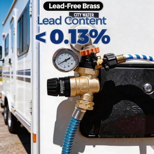 Image of VANCOCO RV Water Pressure Regulator Valve with Gauge, 3 /4 inch NH Thread 45-160 PSI Adjustable Pressure Water Regulator with Tool-Free Handle for RV Camper Travel Trailer