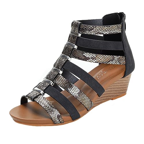 RiceelSor Women's Open Toe Wedge Gladiator Sandals High-top With Back Zipper Breathable Soft Orthopedic Vintage Roman Style Caged Sandals