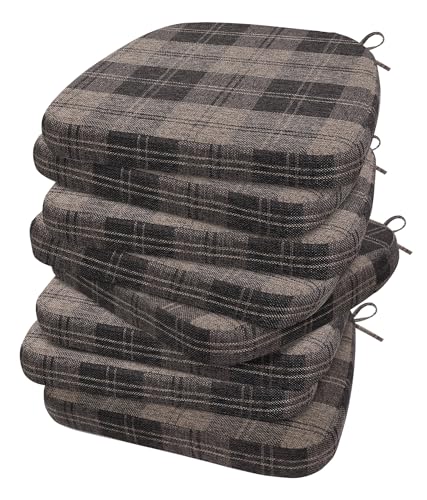 Image of AAAAAcessories D-Shaped Chair Cushions, 2 inch Thick Dining Chair Pads with Ties and Removable, Machine-Washable Cover, 17 inch x 16 inch, Set of 8, Brown Checkered