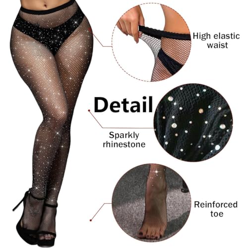 Image of Glitter Rhinestone Fishnet Stockings for Women Black Mesh Sparkly Tights High Waist Leggings Pantyhose Rave Outfit