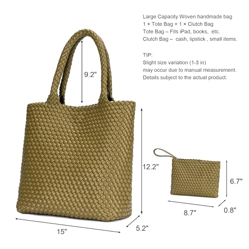 Image of BAGOK Woven Tote Bag for Women, Handwoven Vegan Leather Shoulder Bag with Clutch, Large Tote for Work, Travel & Beach