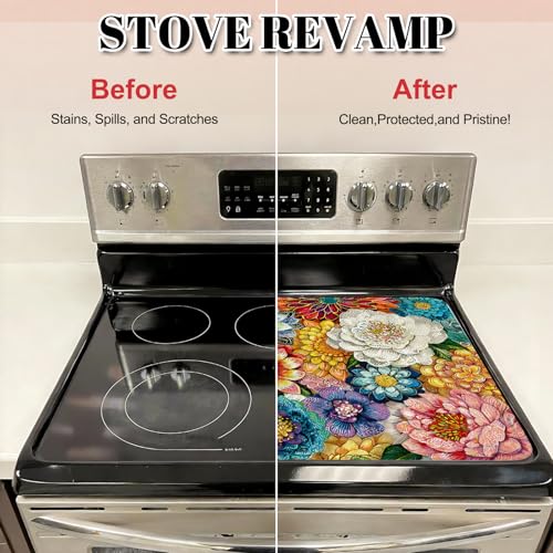 Image of Boho Floral Stove Top Cover for Electric Stove, Bohemia Ethnic Style Range Covers for Electric Stove, Rubber Dish Drying Mat, Glass Cooktop Covers, Flat RV Range top Mats, 28 inchx20 inch