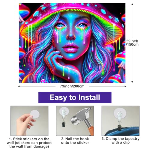 Image of BlissYard Anime Characters Blacklight Tapestry Banner 79x59 Inch Psychedelic Mushroom Girl Neon Trippy Art Aesthetic Bohemian Spiritual Wall Hanging Bedroom Decor Visionary Decration Glow In The Dark Psychedelic Banner Black Light Tapestries