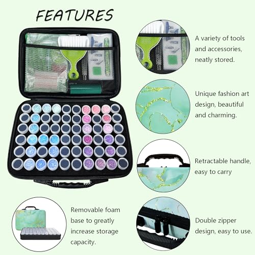 Image of Muzagroo Art Diamond Painting Storage Containers, Diamond Art Storage Case with Accessories and Tools, Portable Shockproof 60 Slots Organizer Case for Diamond Painting Kits M (Green-Deluxe)