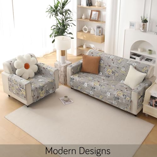 Image of HOKIPO 'VivaCasa Series' Polyester 1 Seater Quilted Sofa Cover with Pockets, Floral Ash Grey (NEW-IN-737-D3)