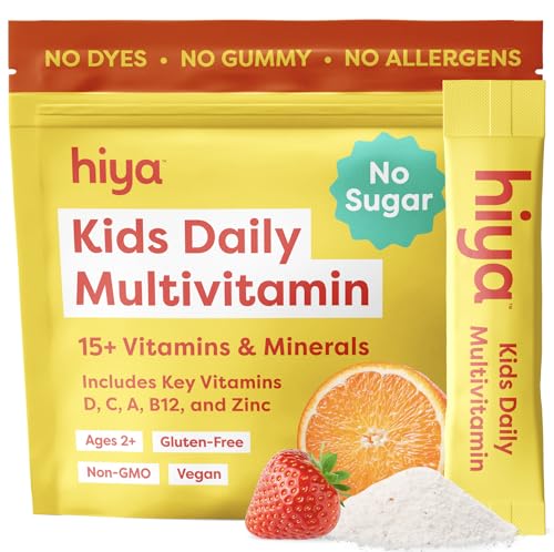 Hiya Kids Multivitamin – 15+ Essential Vitamins & Minerals with Fruits & Veggies for Ages 2+, Supports Growth, Development & Immune, 0g Sugar – 20 Stick Packs for Toddlers & Kids