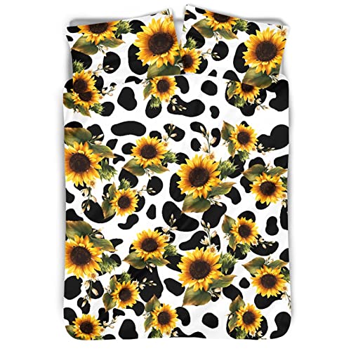 JEOCODY Cow Pattern and Sunflowers Polyester Quilt Cover Pattern Bed Coverlets for Kids Girls Boys Women Men Beige Lining