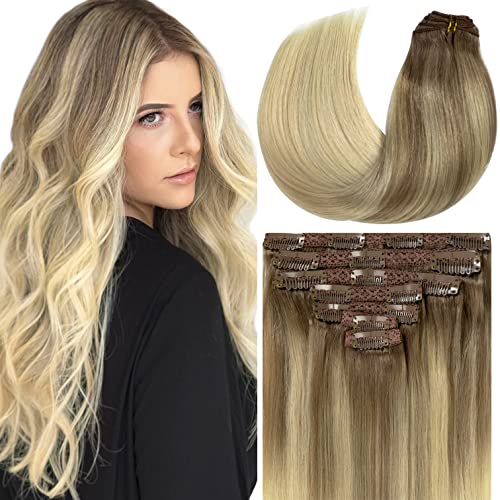 Loxxy Clip In Hair Extensions Remy Human Hair Lace Double Weft Natural Hair Extensions Ombre B#8/60 Light Brown Fading To Platinum Blonde 7Pcs With 16 Clips 120G 16 Inch #TOP22