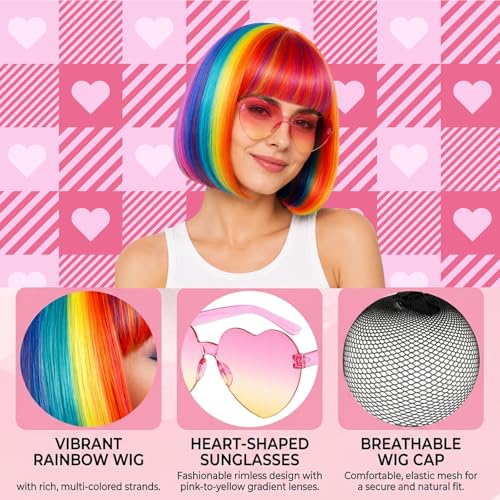 Image of Rainbow Wig, Short Bob Wigs with Heart Sunglasses Hair Cap for Women, Short Wigs for Halloween Costume, Daily Use and Special Events