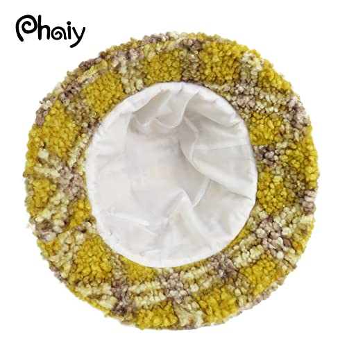 Phaiy Lambswool Bucket Hat, Faux Fur Winter Bucket Hat For Girls Women, Packable Outdoor Warm Jacquard Fisherman Hat Yellow #TOP1