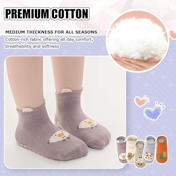 BuntyChiku 5 Pairs Baby Socks Set 0–12 Months – Anti-Slip Grip Ankle Socks for Infants, Toddlers Boys & Girls – Non-Skid Sole Cotton Socks with Cute Cartoon Design – Newborn Baby Shower Gift 2