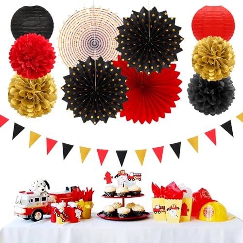 Image of Red-Black Gold Casino Theme Party-Decorations - 20pcs Game Night Paper Lanterns Fans,Tissue Pom Poms,Honeycomb Balls,Bunting,Birthday Graduation Wedding Bridal Baby Shower Decor Burgleda