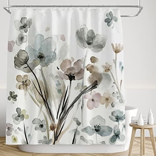 Flowers Shower Curtain Modern Floral Shower Curtains Set Cream White Grey Boho Botanical Farmhouse Fabric Shower Curtains Waterproof 72 x 72 Inches with 12 Pieces Hooks for Home Hotel Bathroom